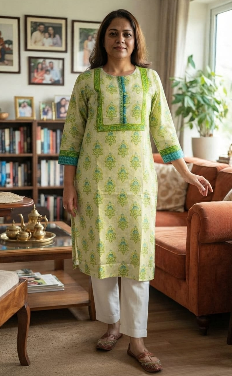 Off White/Green Floral Jaipuri Cotton Kurti. Pure Versatile Cotton. | Laces and Frills