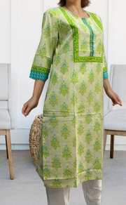 Off White/Green Floral Jaipuri Cotton Kurti. Pure Versatile Cotton. | Laces and Frills - Laces and Frills