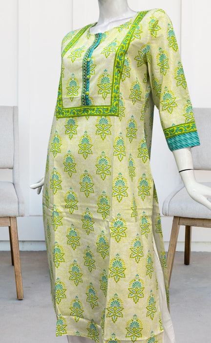 Off White/Green Floral Jaipuri Cotton Kurti. Pure Versatile Cotton. | Laces and Frills - Laces and Frills