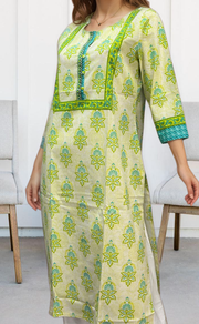 Off White/Green Floral Jaipuri Cotton Kurti. Pure Versatile Cotton. | Laces and Frills - Laces and Frills