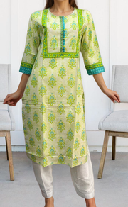 Off White/Green Floral Jaipuri Cotton Kurti. Pure Versatile Cotton. | Laces and Frills - Laces and Frills
