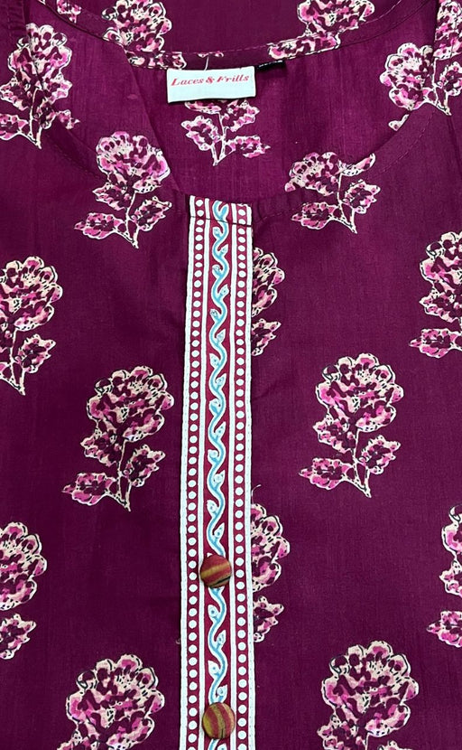 Beetroot Pink Floral Jaipuri Cotton Kurti. Pure Versatile Cotton. | Laces and Frills - Laces and Frills
