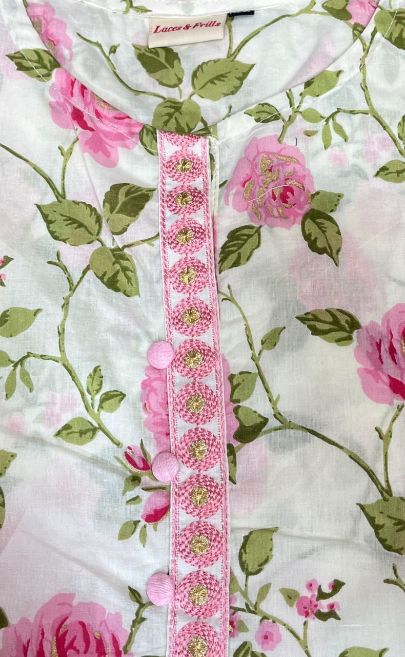 White/Pink Garden Jaipuri Cotton Kurti. Pure Versatile Cotton. | Laces and Frills - Laces and Frills