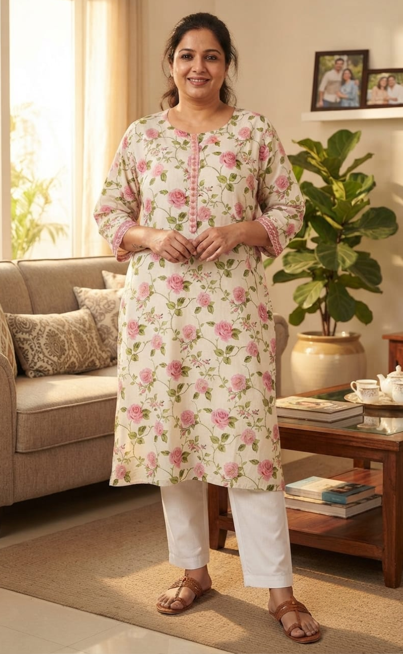White/Pink Garden Jaipuri Cotton Kurti. Pure Versatile Cotton. | Laces and Frills
