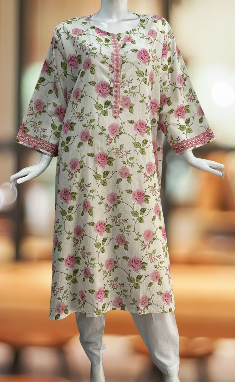 White/Pink Garden Jaipuri Cotton Kurti. Pure Versatile Cotton. | Laces and Frills - Laces and Frills