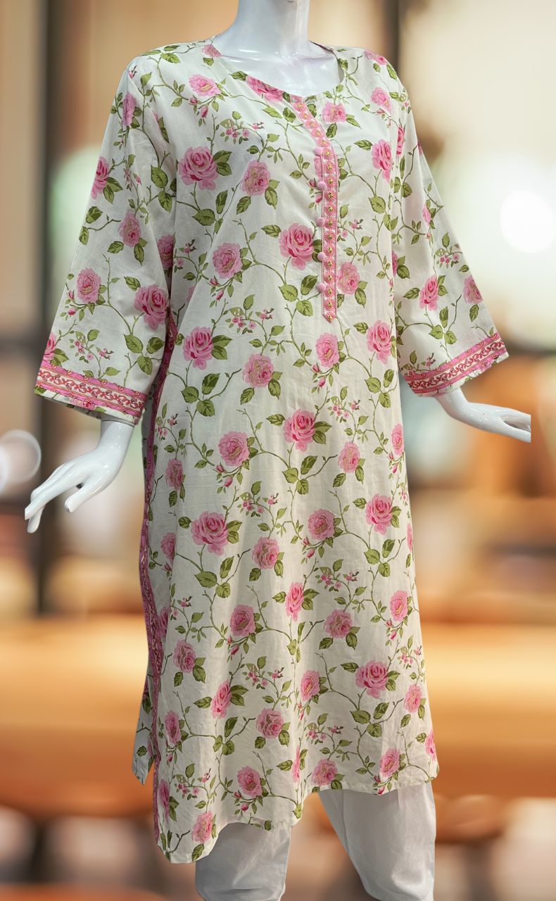 White/Pink Garden Jaipuri Cotton Kurti. Pure Versatile Cotton. | Laces and Frills - Laces and Frills