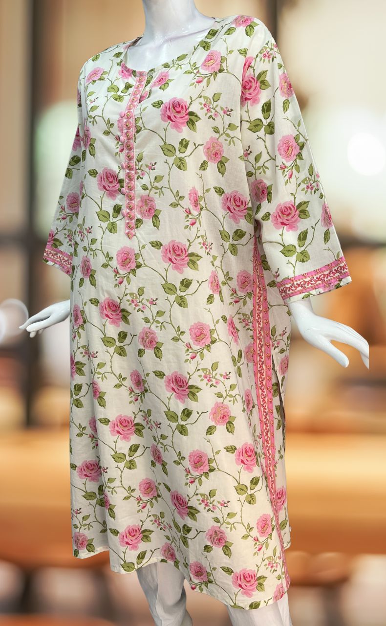 White/Pink Garden Jaipuri Cotton Kurti. Pure Versatile Cotton. | Laces and Frills - Laces and Frills