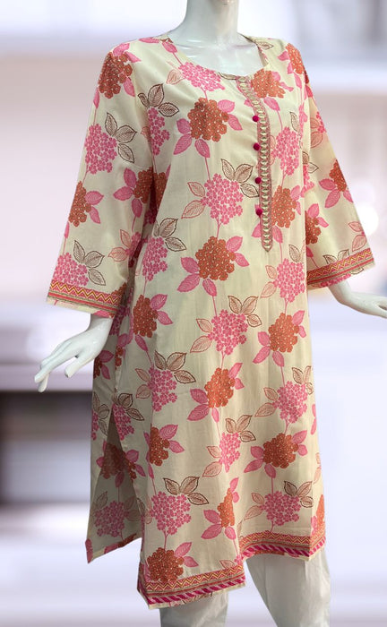Off White/Pink Floral Jaipuri Cotton Kurti. Pure Versatile Cotton. | Laces and Frills - Laces and Frills