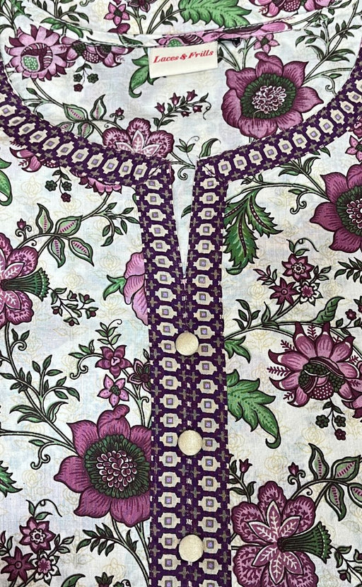 White/Wine Purple Floral Garden Jaipuri Cotton Kurti. Pure Versatile Cotton. | Laces and Frills - Laces and Frills