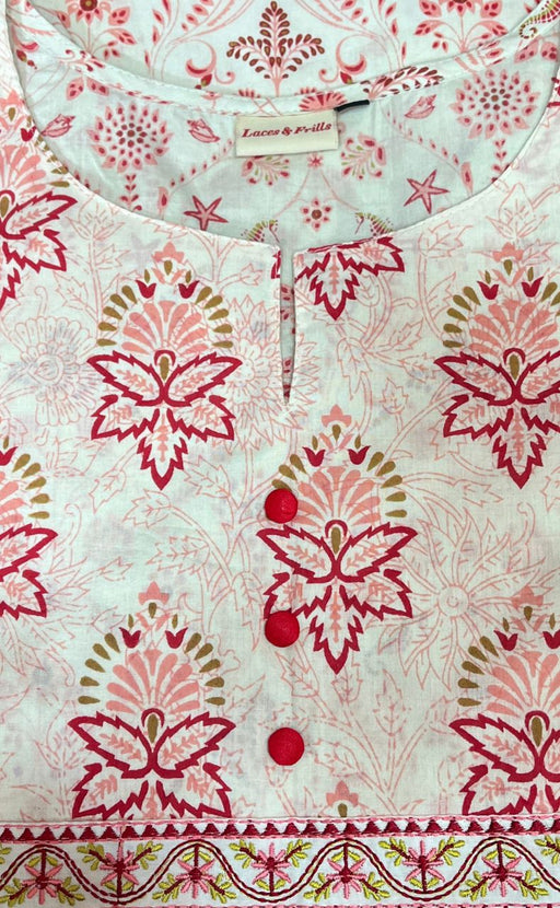 White/Red Floral Jaipuri Cotton Kurti. Pure Versatile Cotton. | Laces and Frills - Laces and Frills