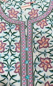 Off White/Green Floral Jaipuri Cotton Kurti. Pure Versatile Cotton. | Laces and Frills - Laces and Frills