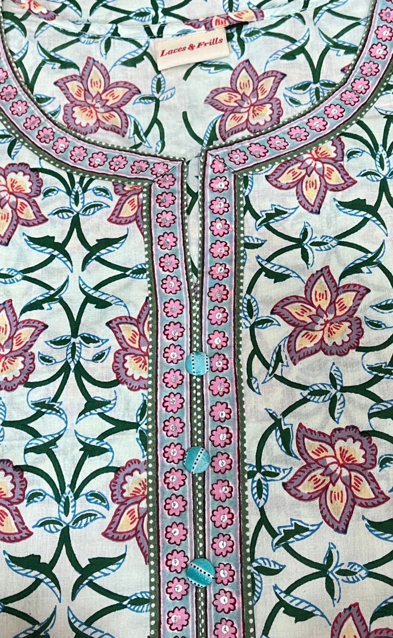 Off White/Green Floral Jaipuri Cotton Kurti. Pure Versatile Cotton. | Laces and Frills - Laces and Frills
