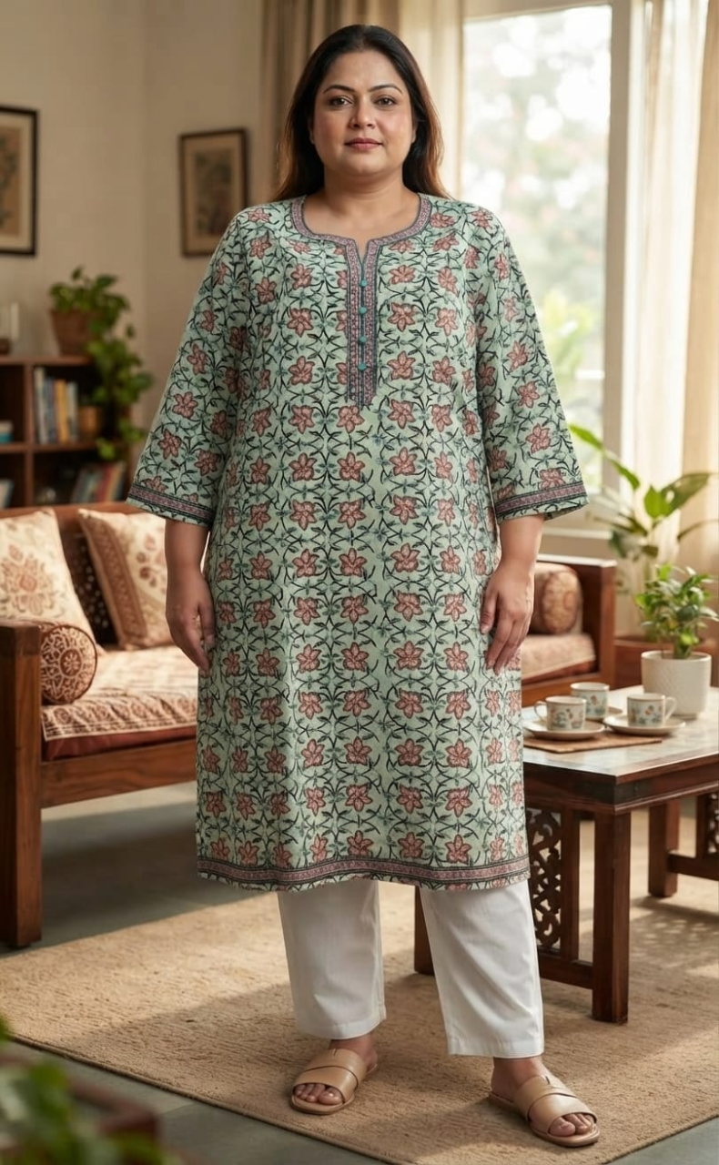 Off White/Green Floral Jaipuri Cotton Kurti. Pure Versatile Cotton. | Laces and Frills