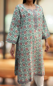 Off White/Green Floral Jaipuri Cotton Kurti. Pure Versatile Cotton. | Laces and Frills - Laces and Frills