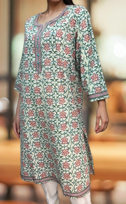 Off White/Green Floral Jaipuri Cotton Kurti. Pure Versatile Cotton. | Laces and Frills - Laces and Frills