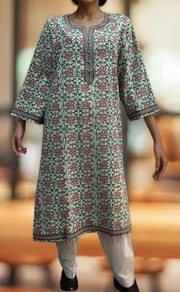Off White/Green Floral Jaipuri Cotton Kurti. Pure Versatile Cotton. | Laces and Frills - Laces and Frills