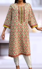 White/Green/Pink Floral Jaipuri Cotton Kurti. Pure Versatile Cotton. | Laces and Frills - Laces and Frills