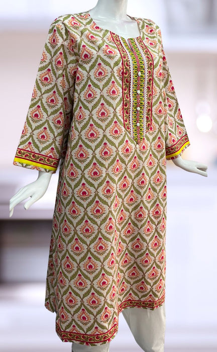 White/Green/Pink Floral Jaipuri Cotton Kurti. Pure Versatile Cotton. | Laces and Frills - Laces and Frills