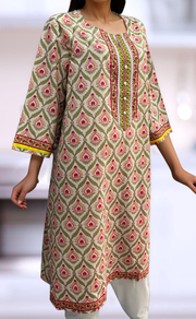 White/Green/Pink Floral Jaipuri Cotton Kurti. Pure Versatile Cotton. | Laces and Frills - Laces and Frills