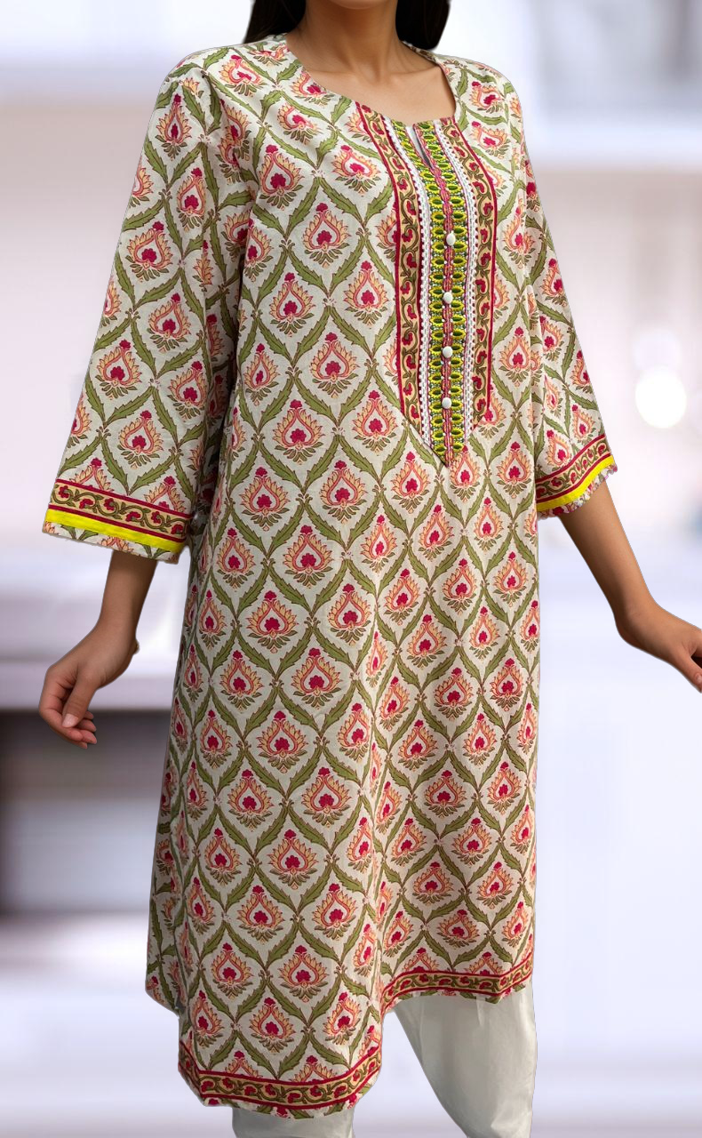 White/Green/Pink Floral Jaipuri Cotton Kurti. Pure Versatile Cotton. | Laces and Frills - Laces and Frills