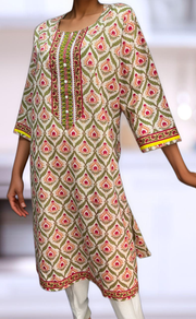 White/Green/Pink Floral Jaipuri Cotton Kurti. Pure Versatile Cotton. | Laces and Frills - Laces and Frills