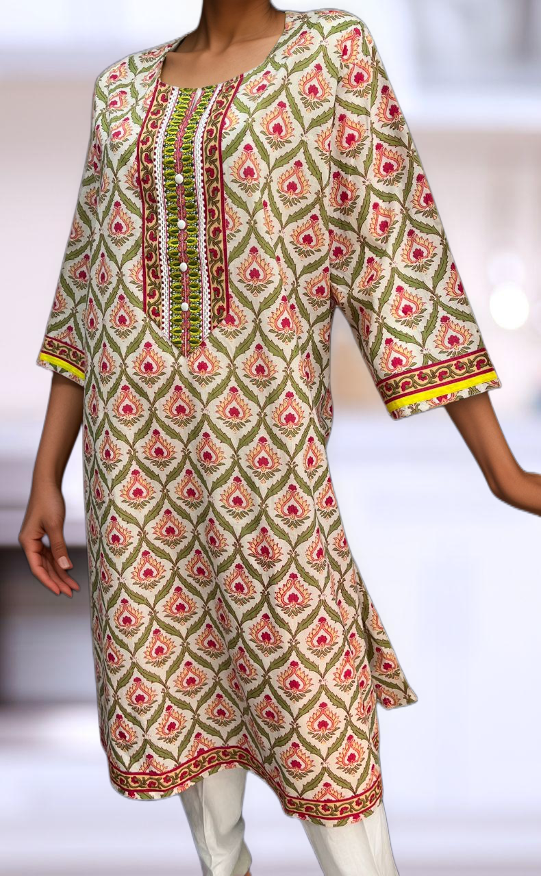 White/Green/Pink Floral Jaipuri Cotton Kurti. Pure Versatile Cotton. | Laces and Frills - Laces and Frills