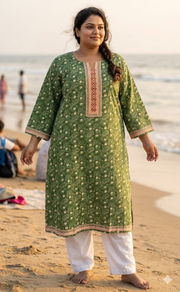 Green Floral Jaipuri Cotton Kurti. Pure Versatile Cotton. | Laces and Frills - Laces and Frills