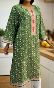 Green Floral Jaipuri Cotton Kurti. Pure Versatile Cotton. | Laces and Frills