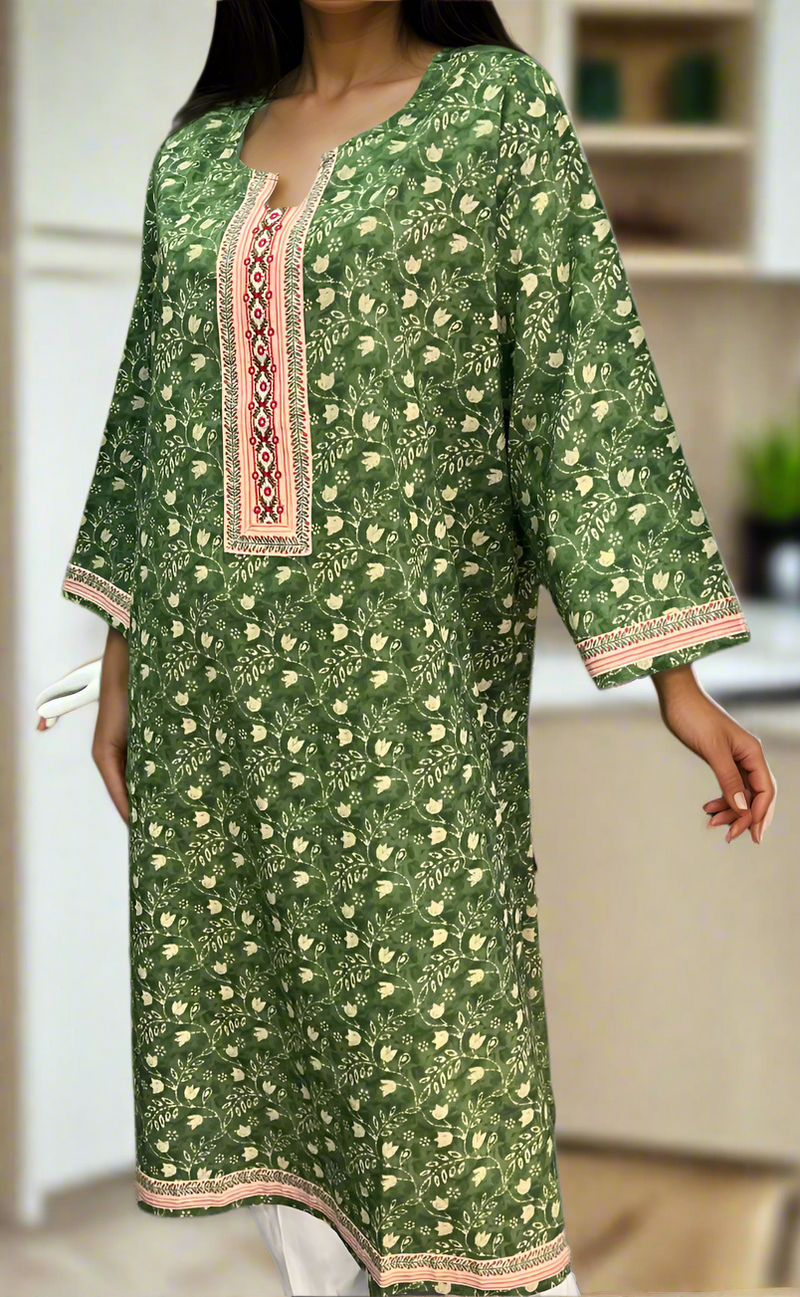 Green Floral Jaipuri Cotton Kurti. Pure Versatile Cotton. | Laces and Frills