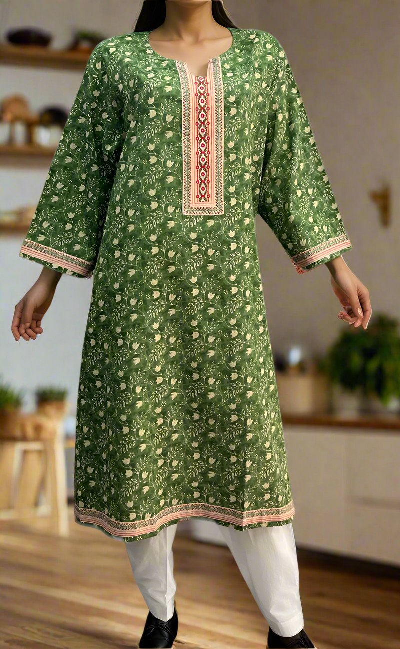 Green Floral Jaipuri Cotton Kurti. Pure Versatile Cotton. | Laces and Frills