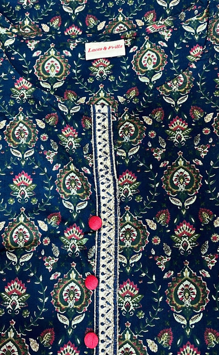 Navy Blue Garden Jaipuri Cotton Kurti. Pure Versatile Cotton. | Laces and Frills - Laces and Frills