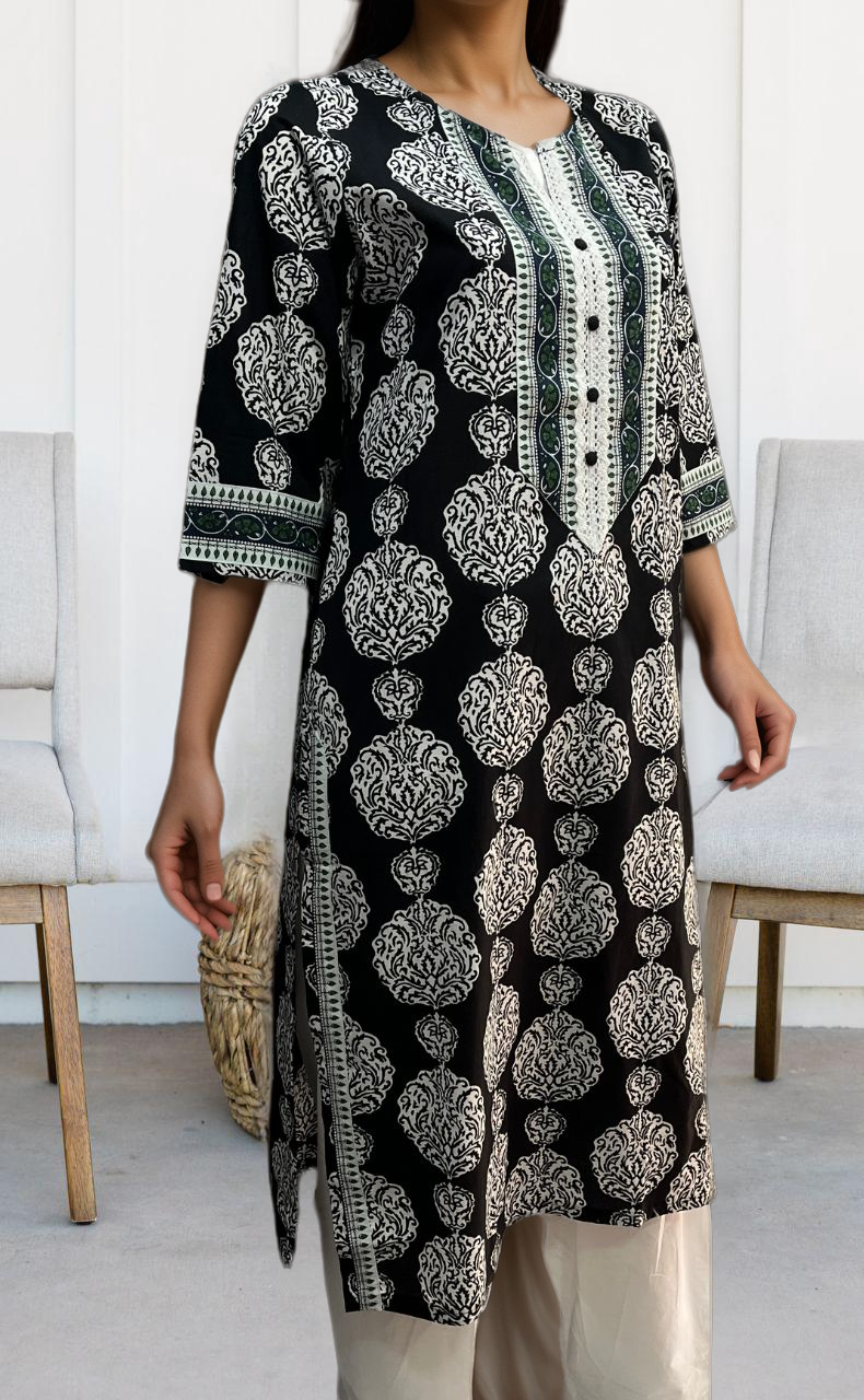 Black Garden Jaipuri Cotton Kurti. Pure Versatile Cotton. | Laces and Frills - Laces and Frills