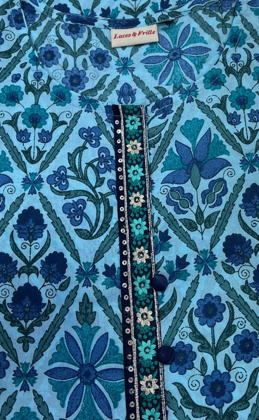 Sky Blue Floral Jaipuri Cotton Kurti. Pure Versatile Cotton. | Laces and Frills - Laces and Frills