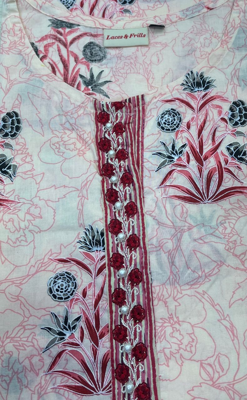Light Pink/Maroon Floral Jaipuri Cotton Kurti. Pure Versatile Cotton. | Laces and Frills - Laces and Frills