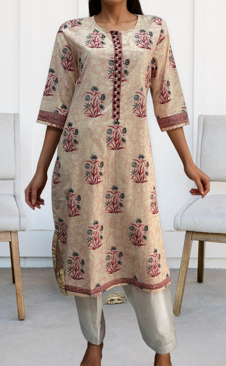 Light Pink/Maroon Floral Jaipuri Cotton Kurti. Pure Versatile Cotton. | Laces and Frills - Laces and Frills