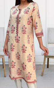 Light Pink/Maroon Floral Jaipuri Cotton Kurti. Pure Versatile Cotton. | Laces and Frills - Laces and Frills