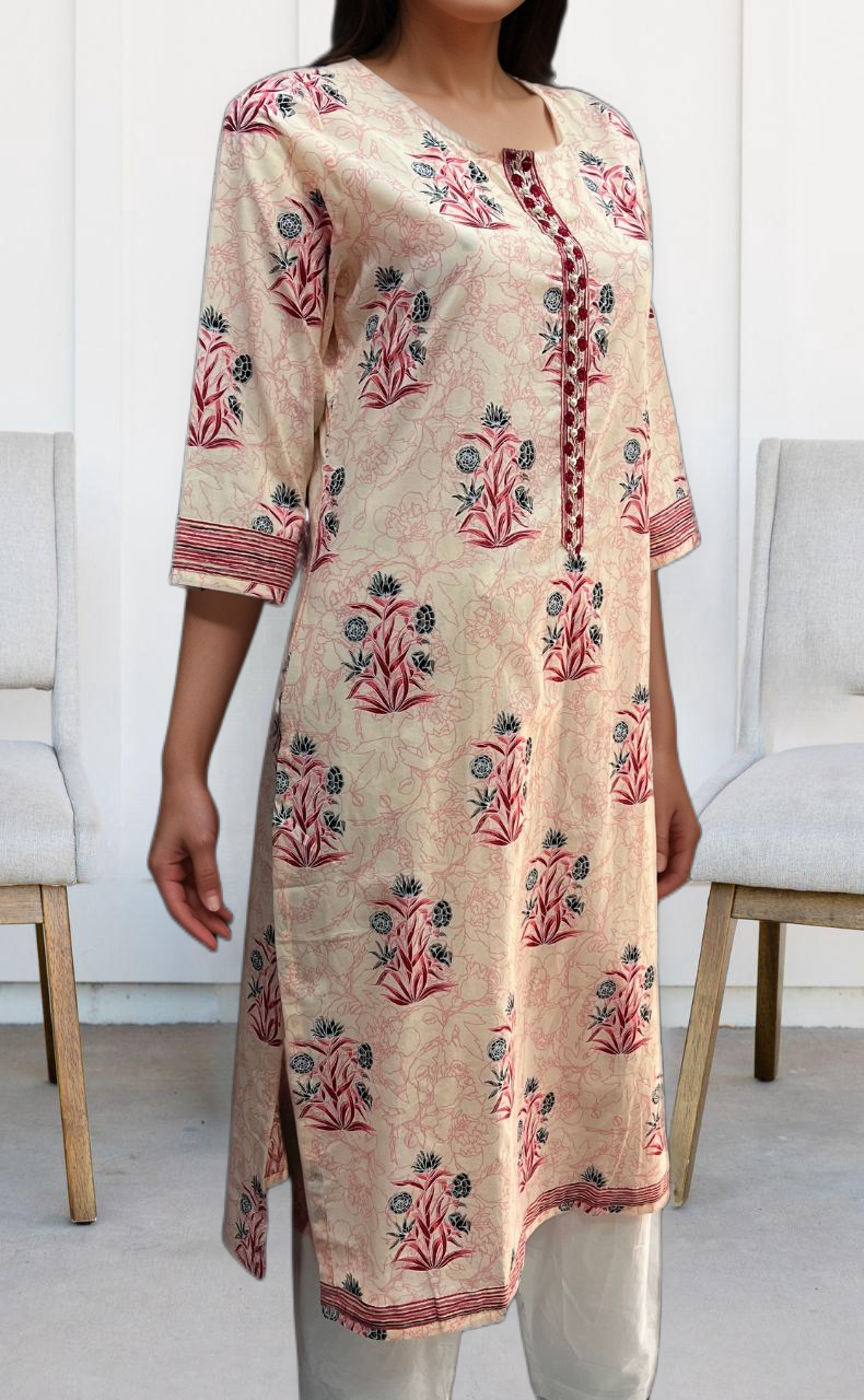 Light Pink/Maroon Floral Jaipuri Cotton Kurti. Pure Versatile Cotton. | Laces and Frills - Laces and Frills