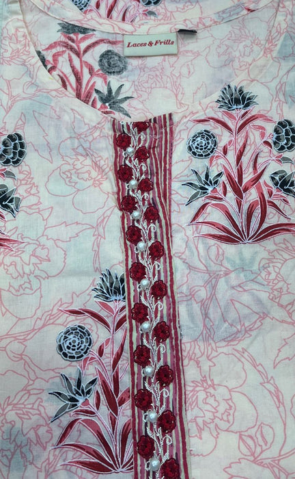 Light Pink/Maroon Floral Jaipuri Cotton Kurti. Pure Versatile Cotton. | Laces and Frills - Laces and Frills