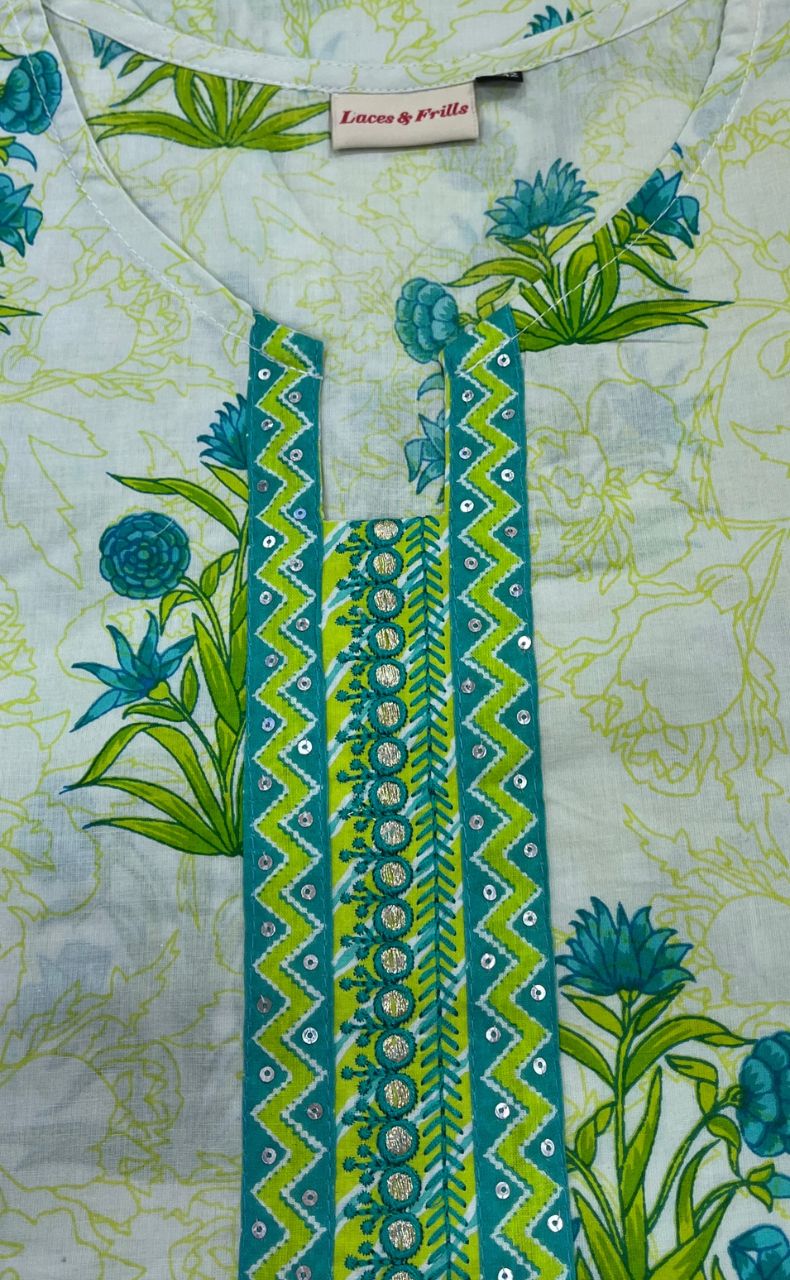 Off White/Green Floral Jaipuri Cotton Kurti. Pure Versatile Cotton. | Laces and Frills - Laces and Frills