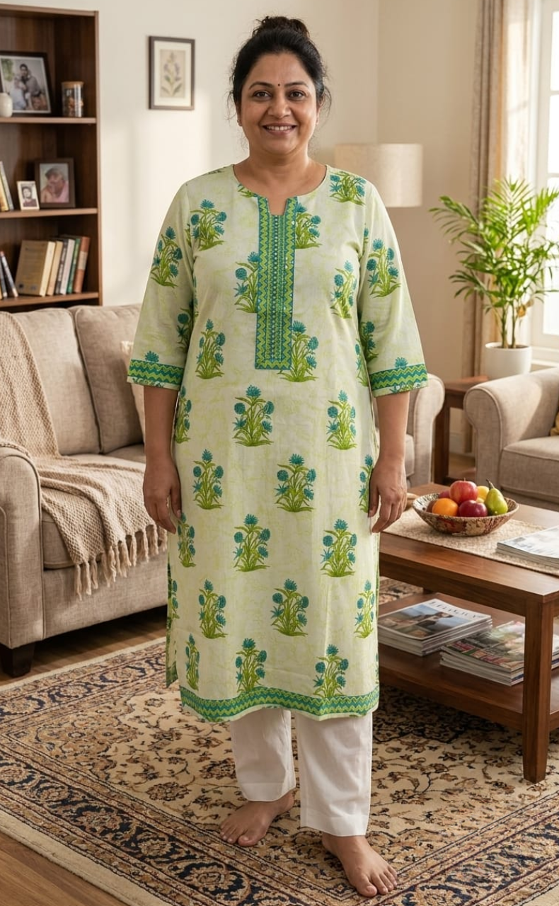 Off White/Green Floral Jaipuri Cotton Kurti. Pure Versatile Cotton. | Laces and Frills