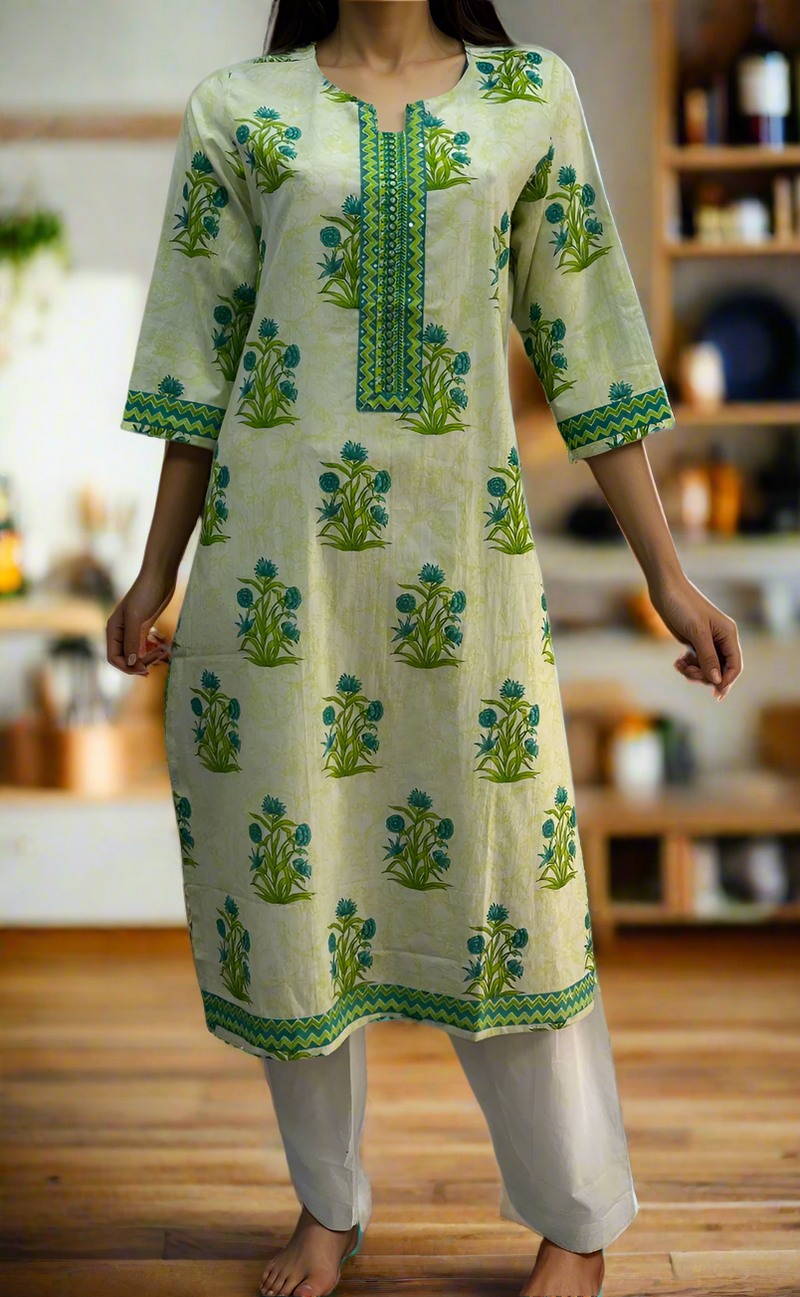 Off White/Green Floral Jaipuri Cotton Kurti. Pure Versatile Cotton. | Laces and Frills