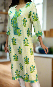 Off White/Green Floral Jaipuri Cotton Kurti. Pure Versatile Cotton. | Laces and Frills