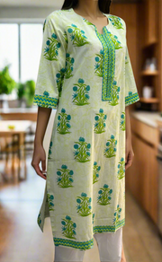 Off White/Green Floral Jaipuri Cotton Kurti. Pure Versatile Cotton. | Laces and Frills