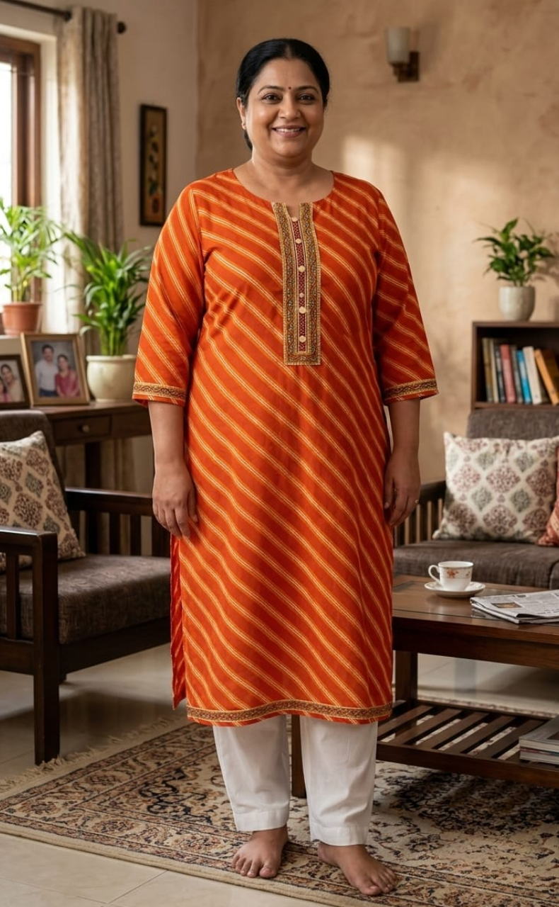 Orange Lehariya Jaipuri Cotton Kurti. Pure Versatile Cotton. | Laces and Frills