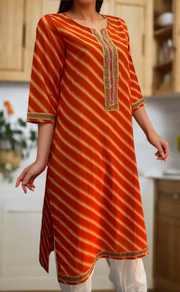 Orange Lehariya Jaipuri Cotton Kurti. Pure Versatile Cotton. | Laces and Frills