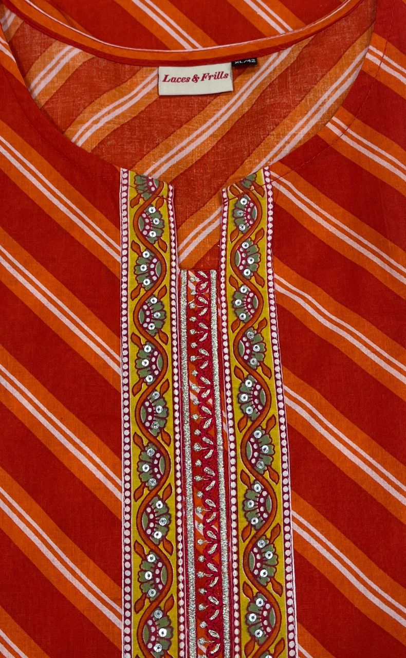 Orange Lehariya Jaipuri Cotton Kurti. Pure Versatile Cotton. | Laces and Frills - Laces and Frills