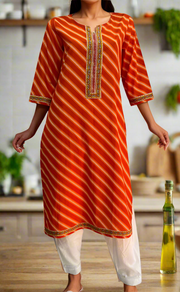 Orange Lehariya Jaipuri Cotton Kurti. Pure Versatile Cotton. | Laces and Frills