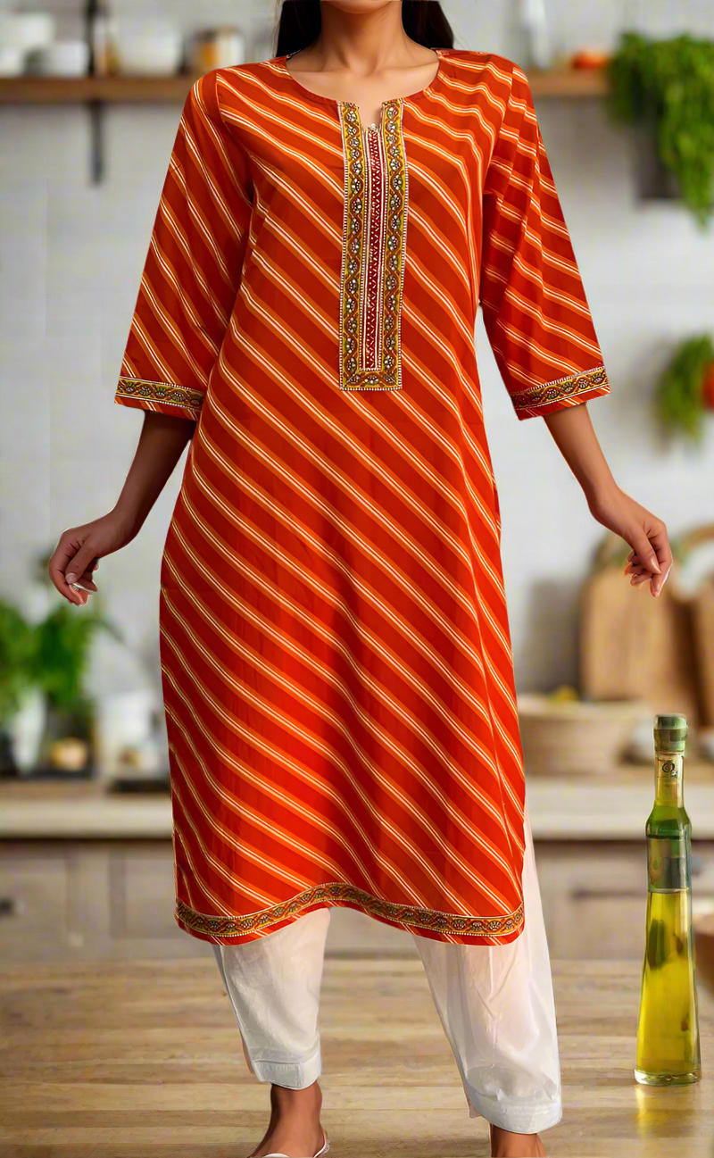 Orange Lehariya Jaipuri Cotton Kurti. Pure Versatile Cotton. | Laces and Frills