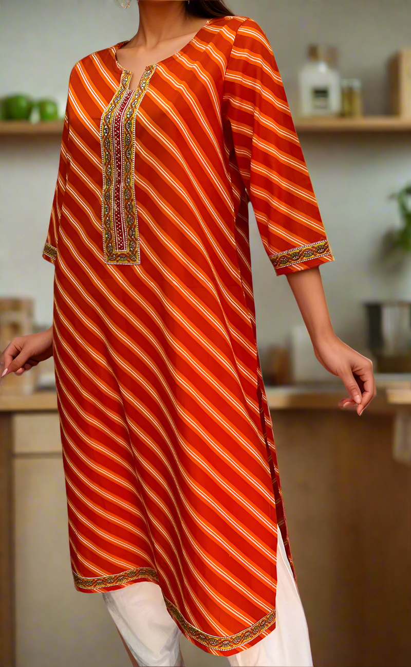 Orange Lehariya Jaipuri Cotton Kurti. Pure Versatile Cotton. | Laces and Frills