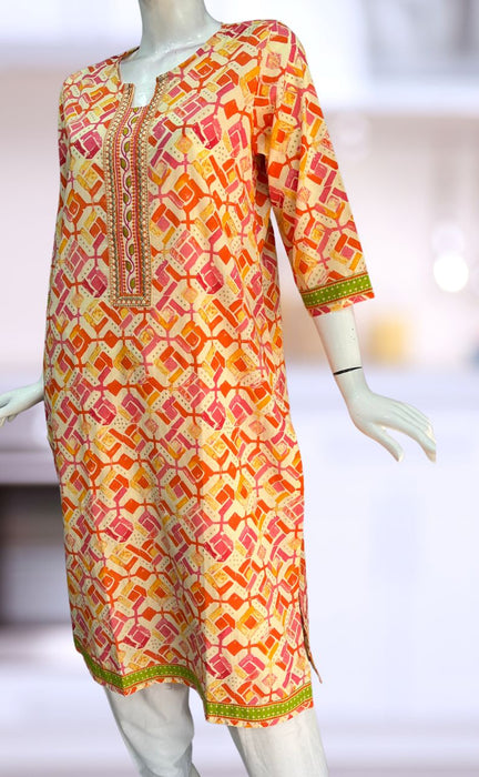 Off White/Orange Abstract Jaipuri Cotton Kurti. Pure Versatile Cotton. | Laces and Frills - Laces and Frills